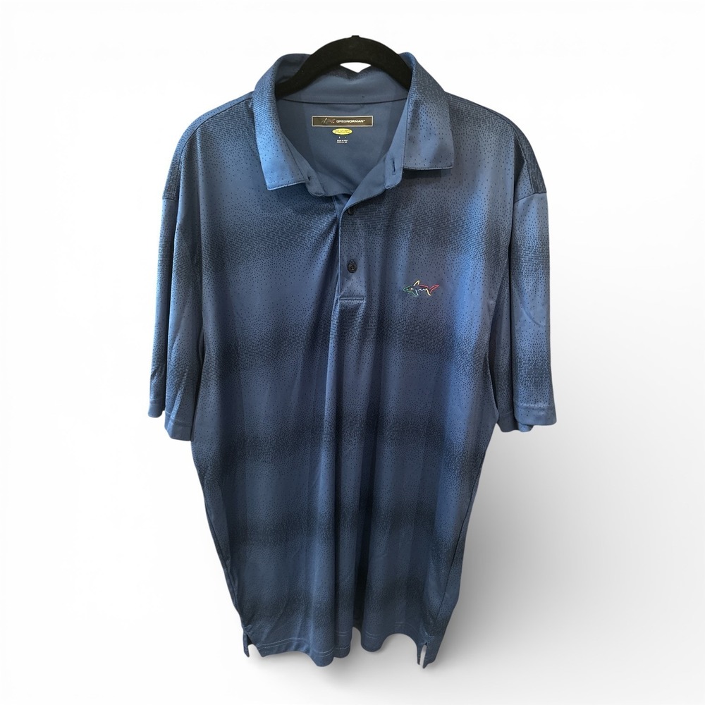 Greg Norman Play Dry Polo Shirt Mens XL Blue Dot Performance Golf Shark Logo